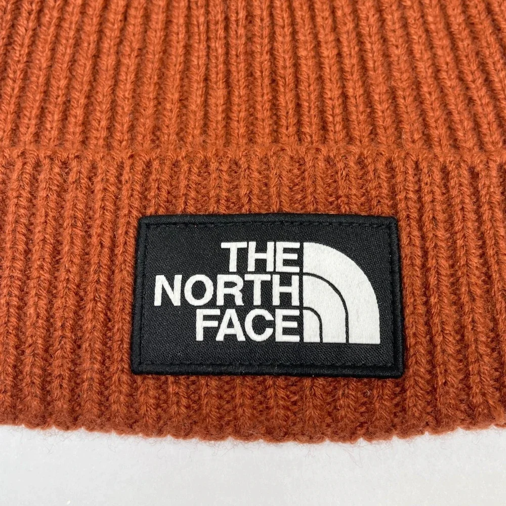 The North Face Box Logo Cuffed Beanie Unisex Brown Rust Ribbed Knit Patch